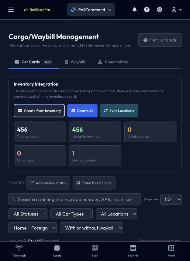 Cargo and Waybill Management showing car cards linked to collection inventory