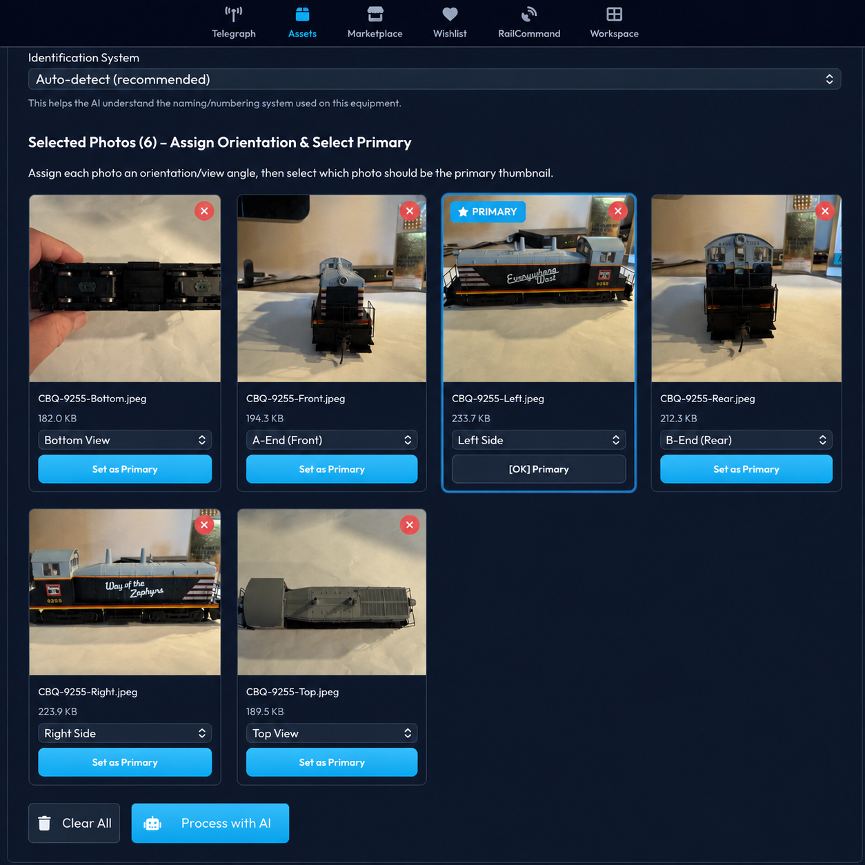 Six photographs of a model locomotive with view orientation and primary photo controls