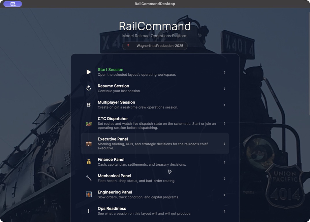 RailCommand Desktop main menu showing operating sessions and railroad management panels